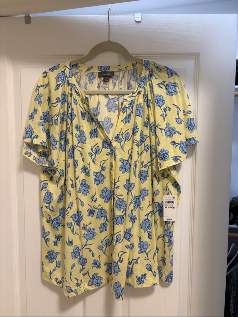 Style & Co. Yellow Blouse with Blue Floral Print